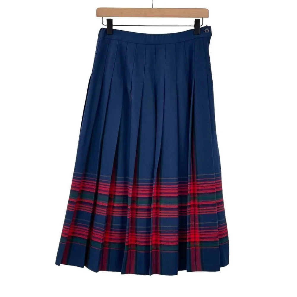 Vintage Pendleton Wool Skirt Pleated Accordion Midi Length Navy Red Plaid | 6 P